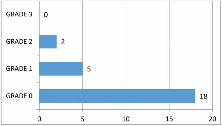 Postoperative mastoid cavity status at the end of 6th month as per the grading by Merchant et al